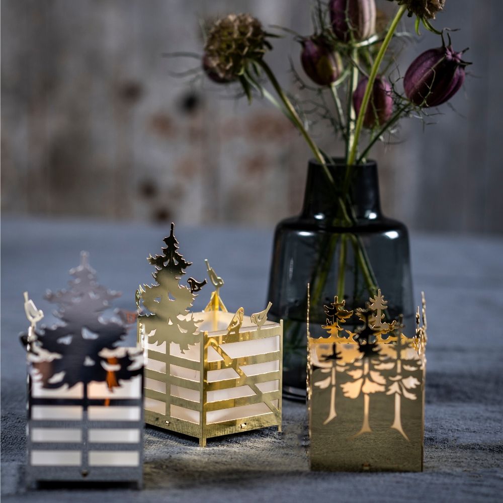 Winterwald,Teelichthalter mit Vögeln, Gold
