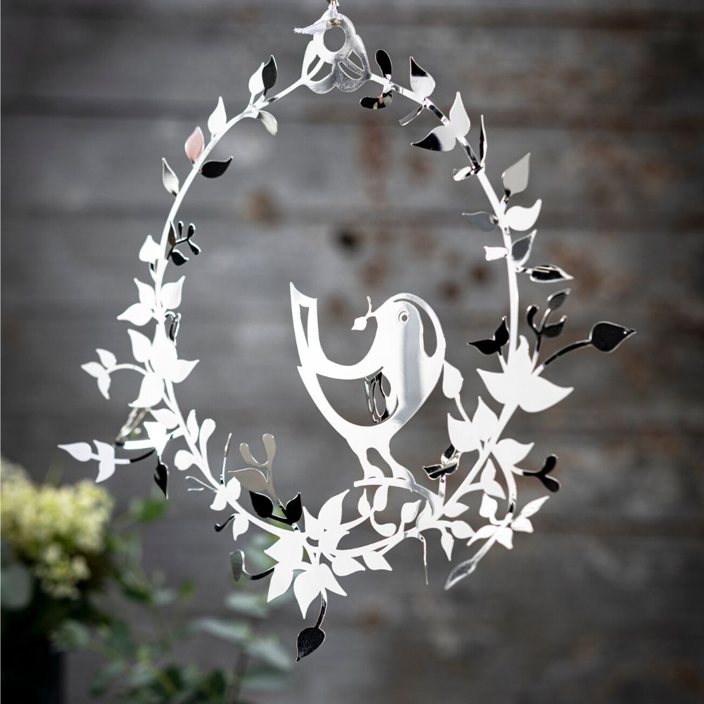 Bird with Flower Wreath, Silver, medium