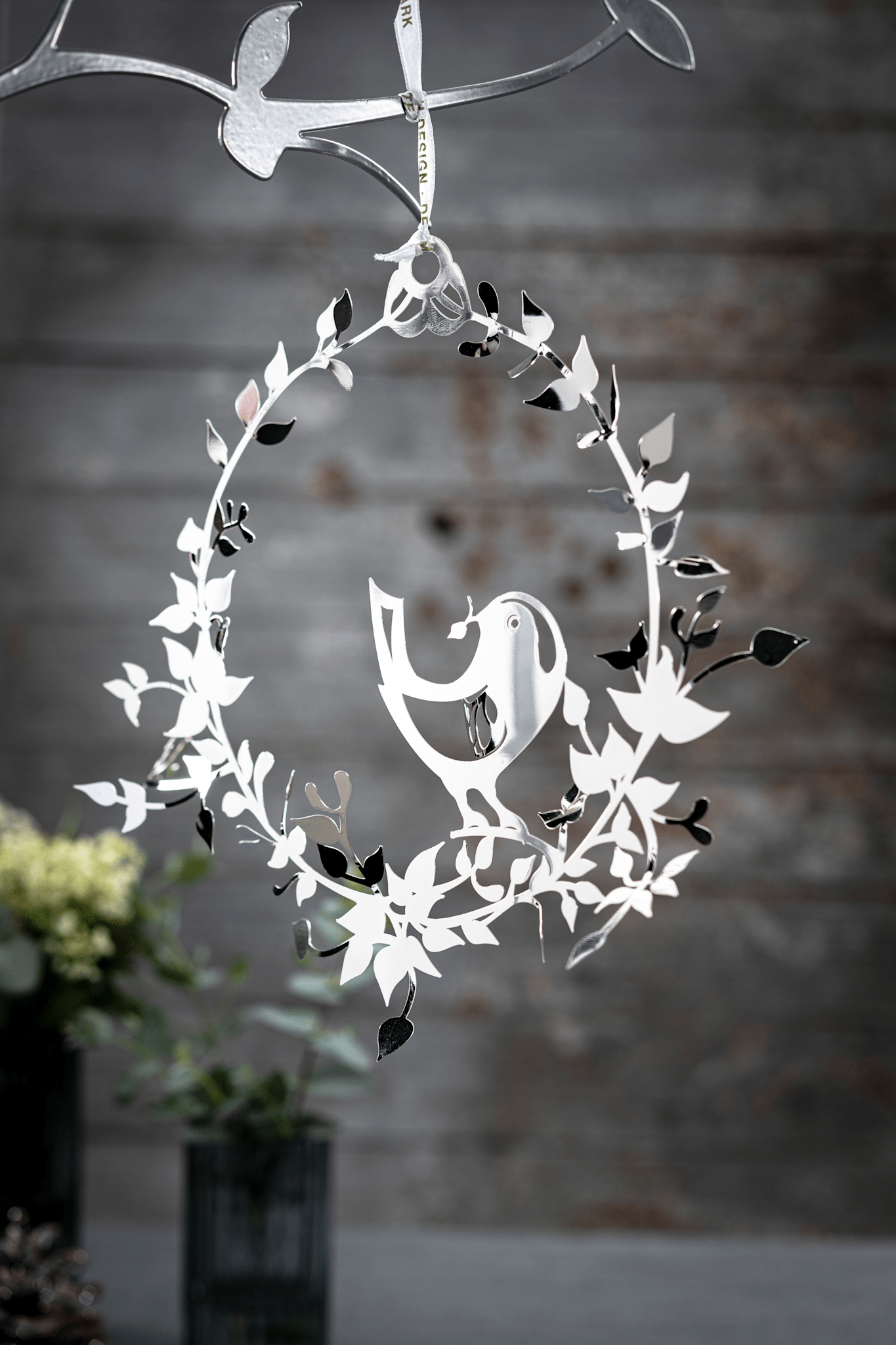 Vogel mit Blumenkranz, Silber, klein (2er-Pack)