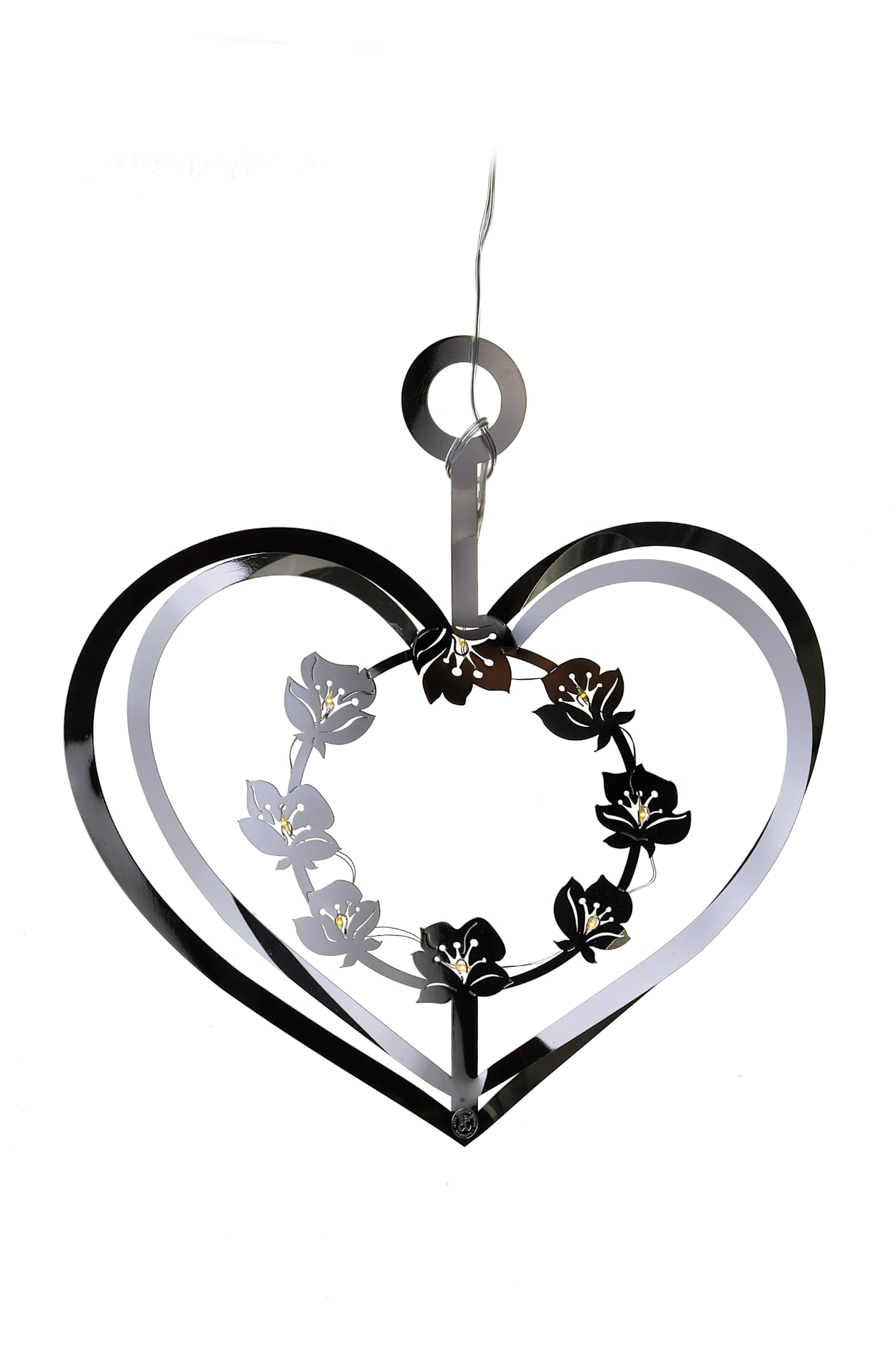 Silver heart with flower wreath & LED lights
