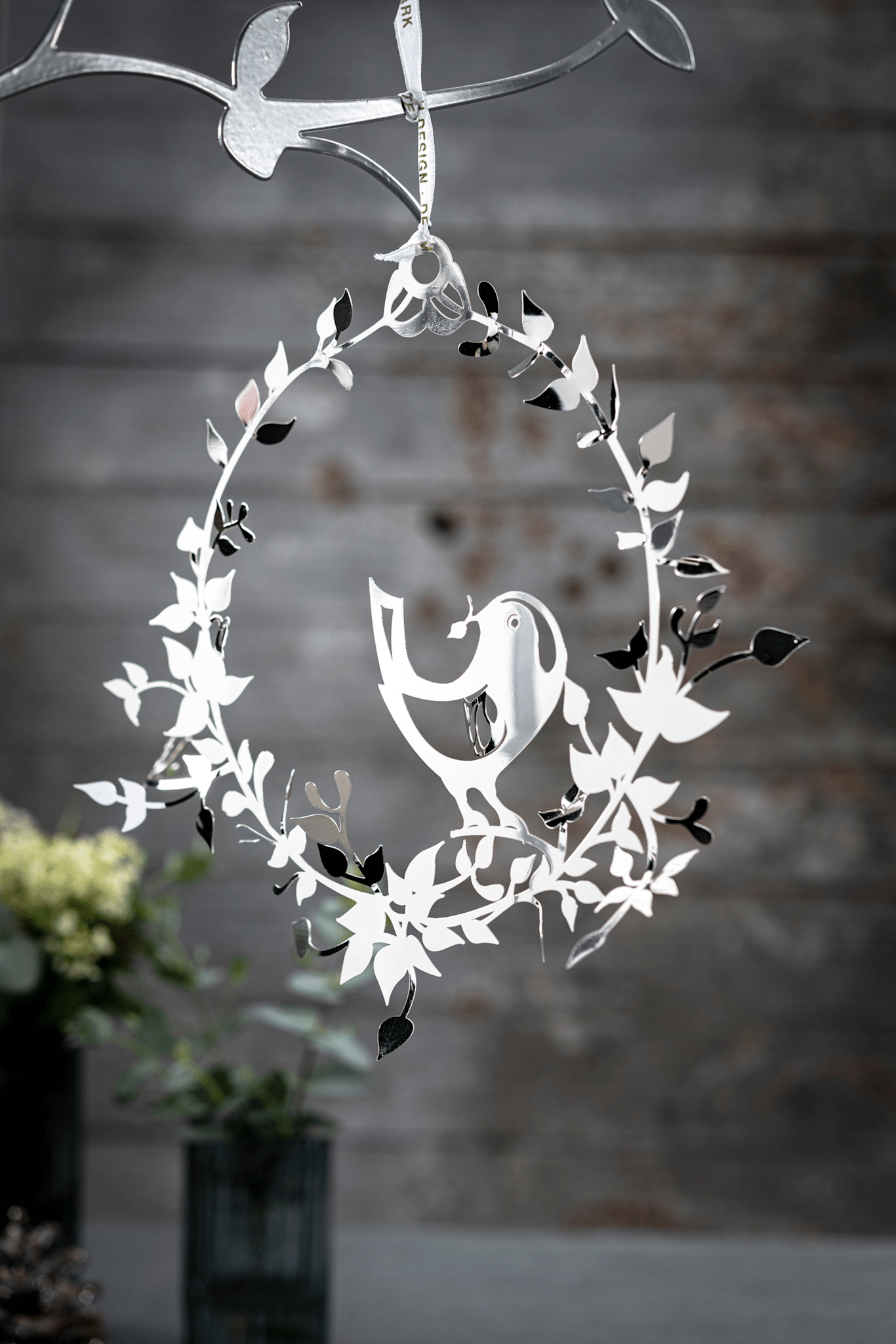 Vogel mit Blumenkranz, Silber, klein (2er-Pack)